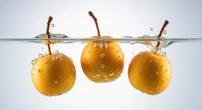Three ripe Asian pears splashing in clear water with air bubbles. Concept of freshness and healthy eating. - Powered by Adobe