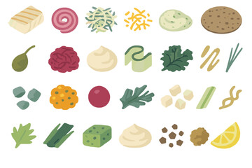 Watercolor vegan food ingredients icon set in warm tones