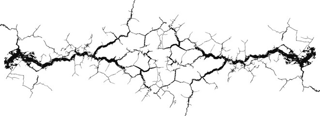 Black cracked line texture resembling broken surface or lightning pattern on white background. Distressed fracture design ideal for grunge effects, digital art, overlays, and dramatic visual elements.