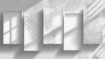 Abstract White Background with Five Rectangular Frames and Blurred Palm Leaf Shadows Overlaying the Frames Creates Soft Light Effects with Subtle Texture