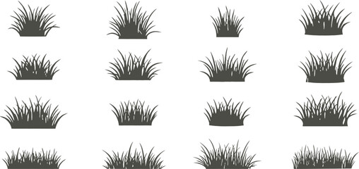 Minimal grass silhouette collection ideal for natural design themes. Clean vector blades arranged in varied tuft styles. Perfect for eco branding, landscape icons, and botanical graphics.