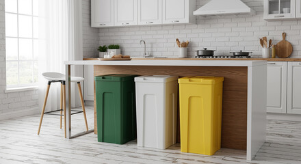Recycling bins for waste sorting and management in a modern, eco-friendly kitchen interior.