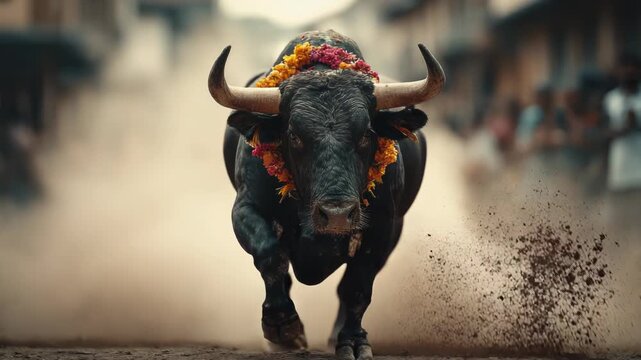 Charging decorated bull with colorful garlands at village street festival