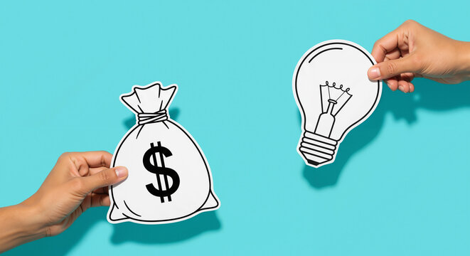 Hands exchanging a money bag for a light bulb idea, symbolizing investment, startup funding, and business innovation.