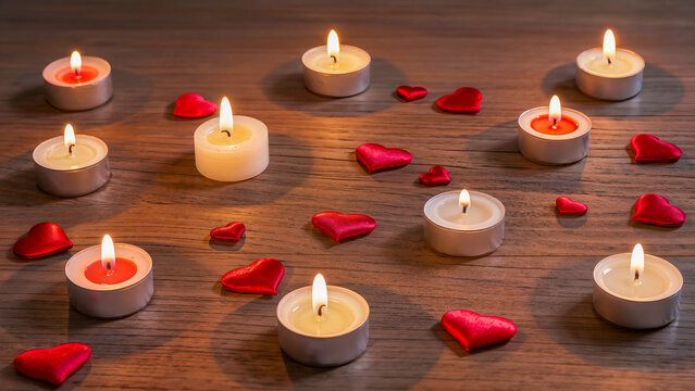 Romantic composition: burning tealight candles and red hearts on a wooden background. - Powered by Adobe