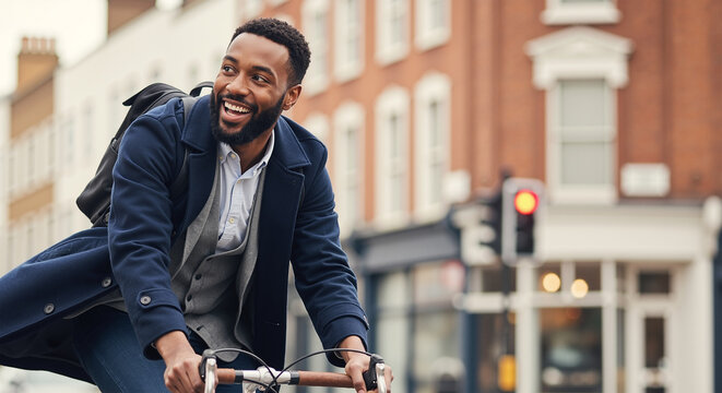 Happy Black professional man commuting on a bicycle in the city, enjoying an eco-friendly urban lifestyle.