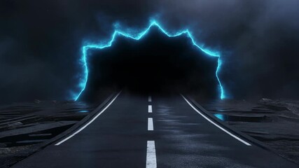 A glowing electric portal opens above a dark road, creating a powerful sci-fi visual ideal for futuristic concepts, action themes, cinematic transitions and modern high-tech motion graphics projects.