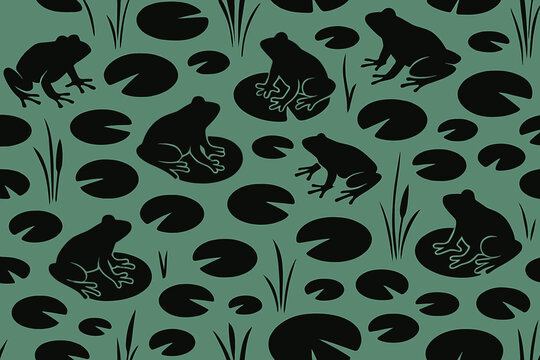 Seamless frog and lily pad pattern in bold silhouette style