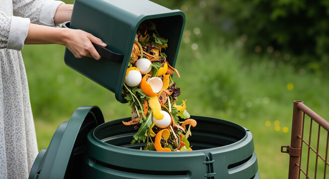 Woman composting food scraps, emptying a kitchen caddy into a compost bin in the garden for a sustainable lifestyle. - Powered by Adobe