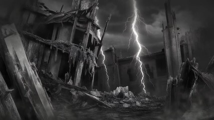 A dark storm strikes a ruined landscape with powerful lightning, creating a dramatic cinematic visual ideal for dystopian themes, atmospheric scenes - Powered by Adobe