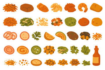 Fototapeta premium Watercolor food topping icons on warm orange gradient