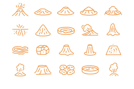 Volcano icon set in glowing orange neon style on dark shelf
