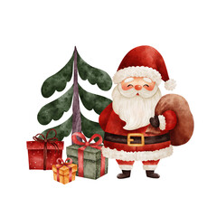 Watercolor Santa with a gift sack stands beside a simple evergreen tree and wrapped presents. Cozy festive illustration. Perfect for greeting cards and holiday designs.