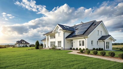 Obraz premium Sustainable home with solar panels under sky