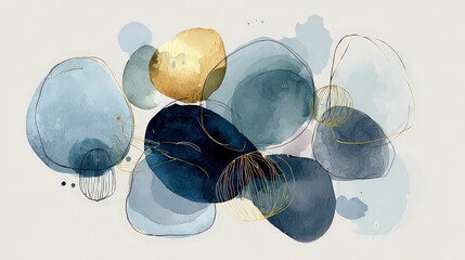Abstract Watercolor Painting with Blue and Golden Orbs on Light Background Creates a Serene Artistic Impression with Gold Glitter Accents and Smooth Textures
