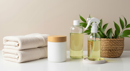 Eco-friendly laundry products mockup with natural detergent, soft towels, and a plant on a white table.