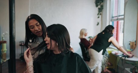 Hairdresser, appointment and women in hair salon, face or discussion for haircare, talk and grooming. Beauty, entrepreneur and texture maintenance in small business, services and hairstyle for client