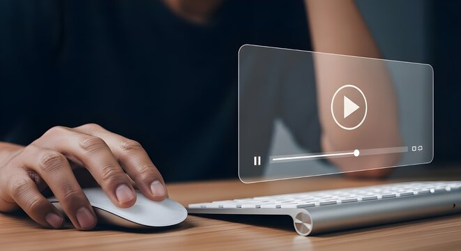 Person using mouse and keyboard with floating video player interface - Powered by Adobe