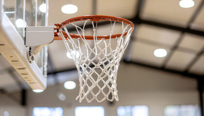 Close-Up View of a Basketball Hoop and Net in an Indoor Arena