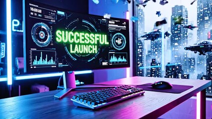 Futuristic desk scene features a monitor displaying "SUCCESSFUL LAUNCH", with city and ships outside - Powered by Adobe