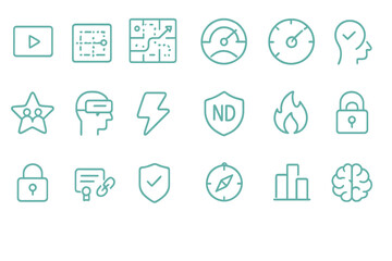 Fototapeta premium Tech and analytics interface icon set in glowing teal style