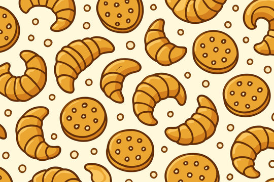 Seamless croissant and cookie pattern in cartoon style