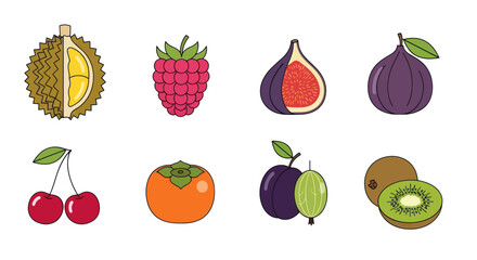 Assortment of colorful fruits durian raspberry fig cherry persimmon and kiwi