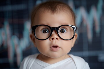 Close-up portrait of surprised baby wearing glasses in front of blurry stock chart, concept for financial analysis, stock market education and investment guidance