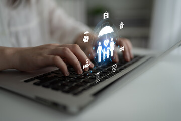 Concept of comprehensive insurance coverage and financial planning. A policy that provides life, health, and asset protection for a family's security and risk management. Fermion