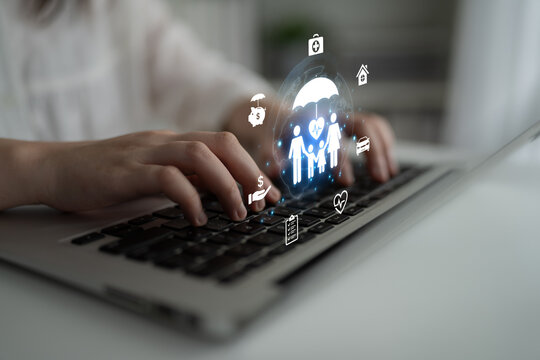 Concept of comprehensive insurance coverage and financial planning. A policy that provides life, health, and asset protection for a family's security and risk management. Fermion