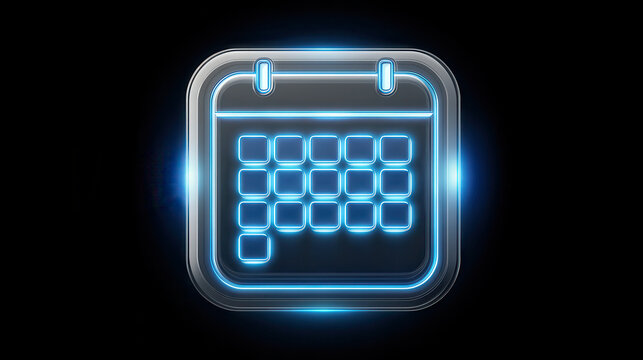Glowing neon blue calendar icon on a dark background