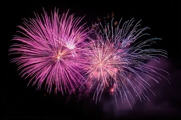 Bursting Fireworks Display Against a Black Night Sky with Pink Purple and White Explosions