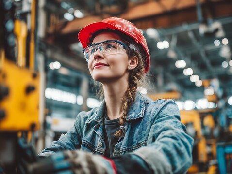 Close-up portrait of a female engineer in a red hardhat and safety glasses looking up in factory, concept for industrial inspection, manufacturing process and quality control