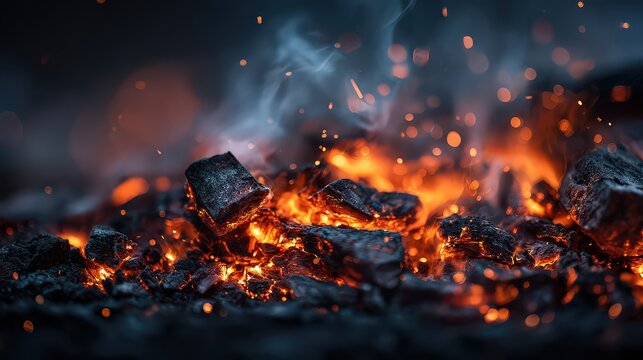 Close Up View of Glowing Embers and Burning Charcoal Abstract Background with Smoke and Sparks
