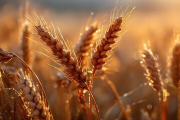 Close Up Golden Wheat Field Illuminated by Sunlight at Sunset