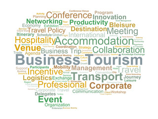 Business Tourism Word Cloud. Key Concepts in Professional Travel and Global Meetings