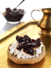 traditional bread with cottage cheese and strawberry jam
