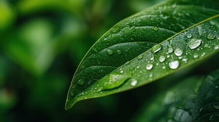 Close Up Of Wet Green Leaf With Water Droplets Against Blurred Green Background