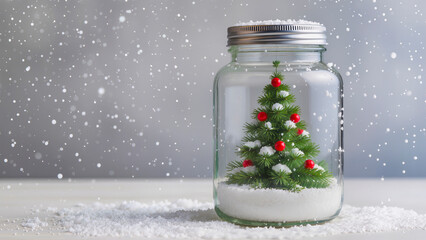 A Christmas tree in a glass jar or a magical snow globe. A miniature winter scene.