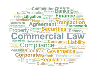 Commercial Law Word Cloud. Key concepts illustrating contracts, corporate structure, financial regulation, consumer protection, and the legal foundations of modern business activity.