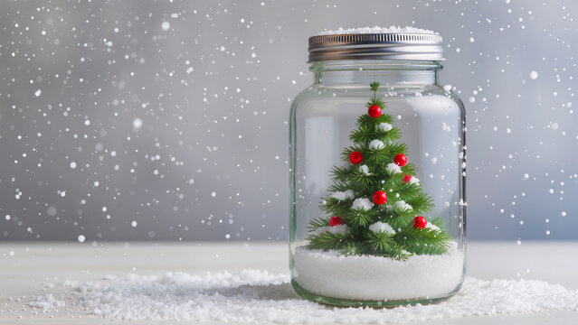 A Christmas tree in a glass jar or a magical snow globe. A miniature winter scene.