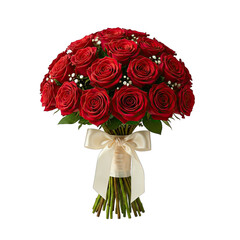 Fototapeta premium A Generous Bouquet of Vibrant Red Roses Tied with a Cream Ribbon on a Transparent Background Ideal for Romantic Occasions and Celebrations
