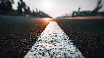 Close Up View Of White Road Marking On Asphalt Highway During Golden Hour