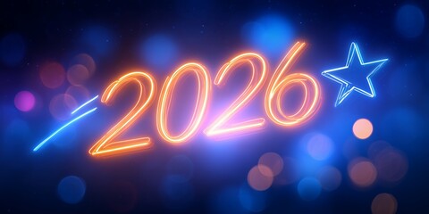 Illustration of glowing neon 2026 year with blue and gold light effects and star, concept for new year celebration, futuristic design and christmas decoration
