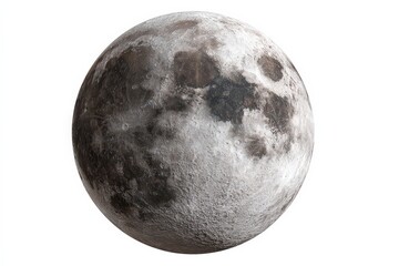 Detailed Close Up Of A Textured Moon Against A Pure White Background With Dark Crater Shadows And Shimmering Surface