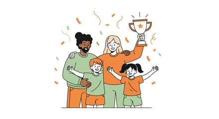 Joyful family celebrates victory with a trophy and confetti, embodying achievement and togetherness in a vibrant, modern style