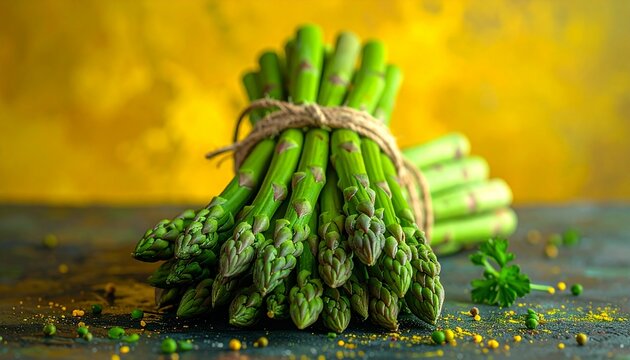 Fresh green asparagus spears tied with twine on a dark surface with a vibrant yellow background.