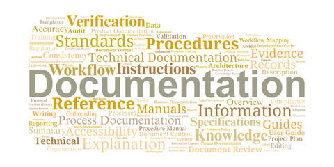 Documentation Word Cloud. A collection of essential terms defining structured records, technical details, procedures, and standardized information for training, compliance, and knowledge preservation.