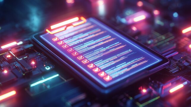 Close-up of a digital checklist on a tablet with glowing neon lights, concept for task management, project tracking and data processing