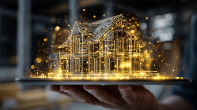 Digital glowing wireframe house on tablet, held by architect's hand. Concept for smart home technology, architectural visualization and modern construction
